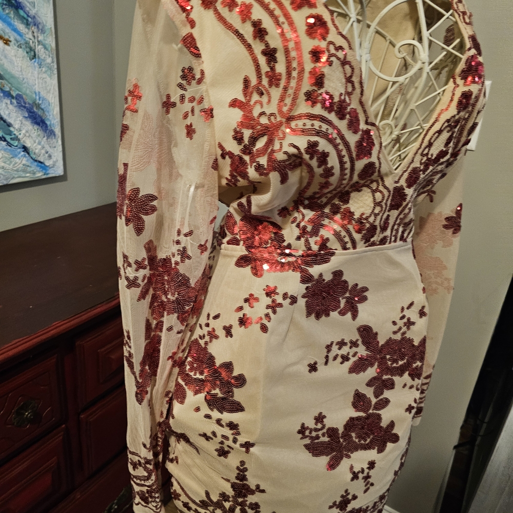 Adrianna Papell Cream and Red Sequin Mini Dress